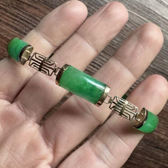 Vintage 14K SOLID GOLD and Green Jadeite Panel Link Bracelet 9.3g, 14kt Yellow - Picture 4 of 16